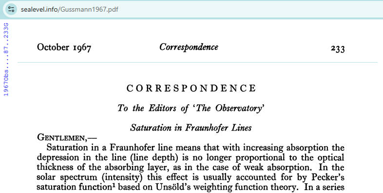 Excerpt from Gussmann 1967, Saturation in Fraunhofer lines: "Saturationin a Fraunhofer line means that with increasing absorption the depression in the line (line depth) is no longer proportional to the optical thickness of the absorbing layer, as in the case of weak absorption." Excerpt from Gussmann 1967, Saturation in Fraunhofer lines: "Saturationin a Fraunhofer line means that with increasing absorption the depression in the line (line depth) is no longer proportional to the optical thickness of the absorbing layer, as in the case of weak absorption."